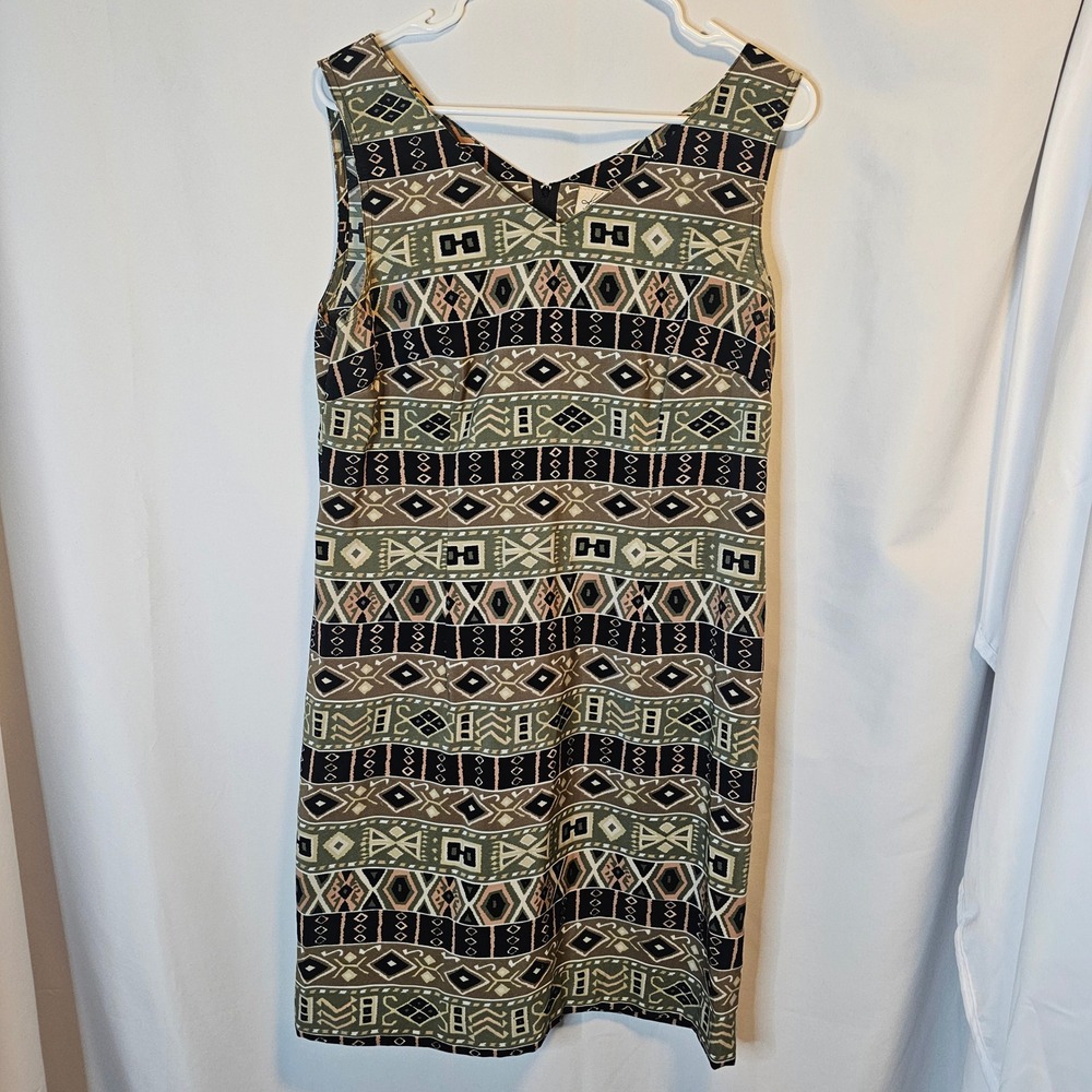 Kathie Lee Collection Shift Dress Womens 10 Olive Brown Tribal Geometric 90 Boho